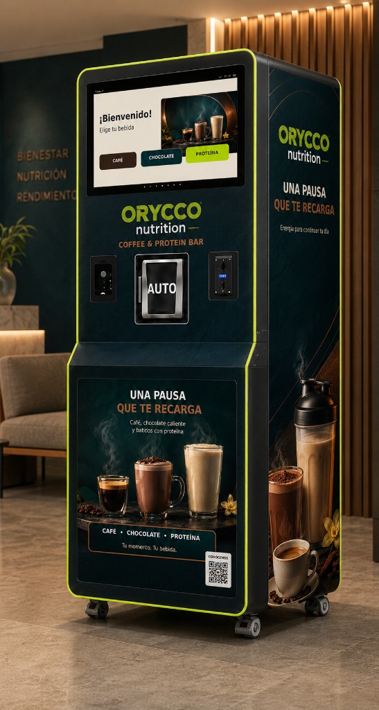 Máquina expendedora Coffee & Protein Bar Orycco para oficinas y hoteles Chile
